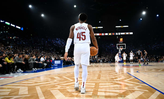 Jan 11, 2024; Paris, FRANCE; Cleveland Cavaliers guard Donovan Mitchell (45) controls the ball against the Brooklyn Nets in the NBA Paris Game at AccorHotels Arena. Mandatory Credit: Alexis Reau/Presse Sports via USA TODAY Sports